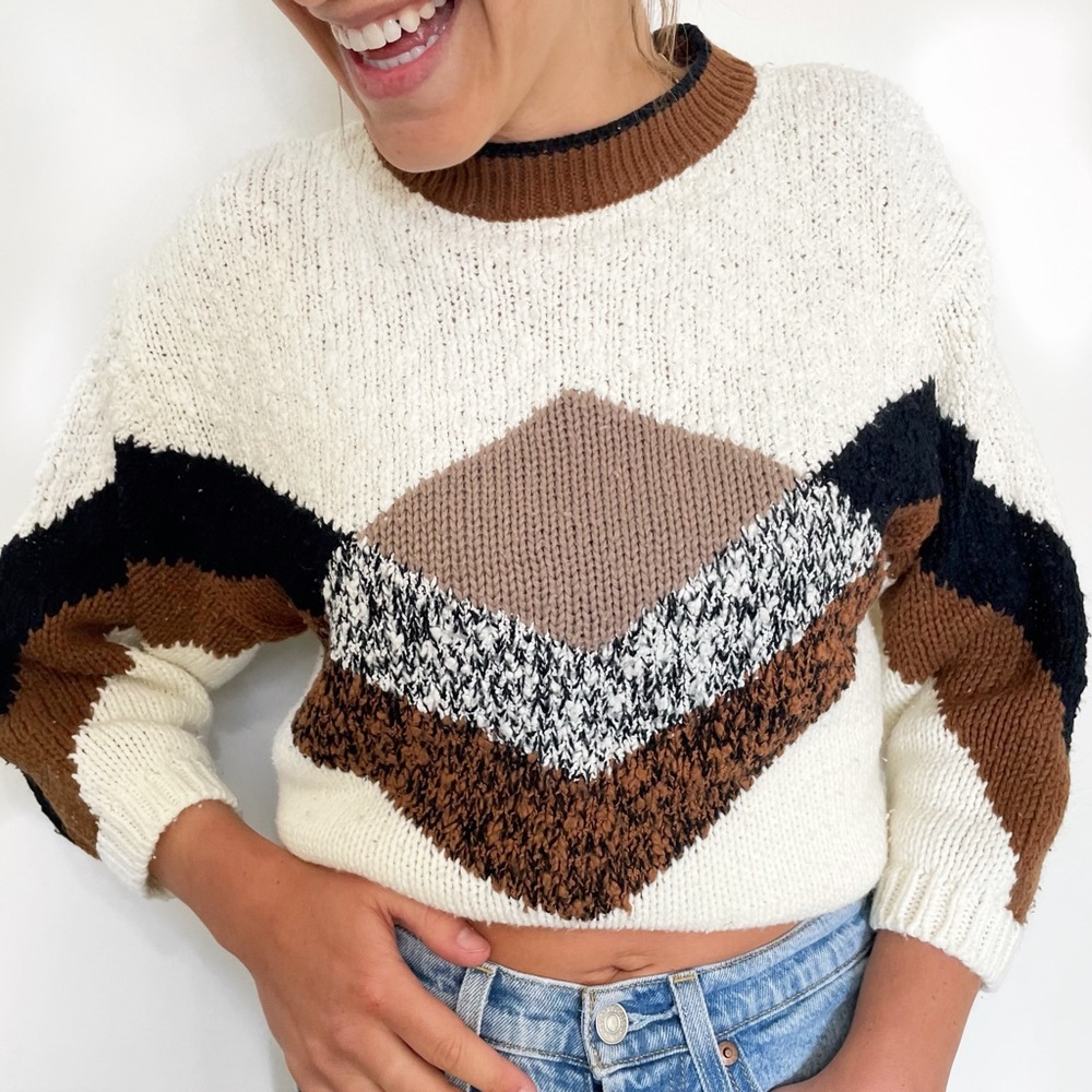 Vintage Colorblock Crew Neck Sweater - Cream, Brown, Black
